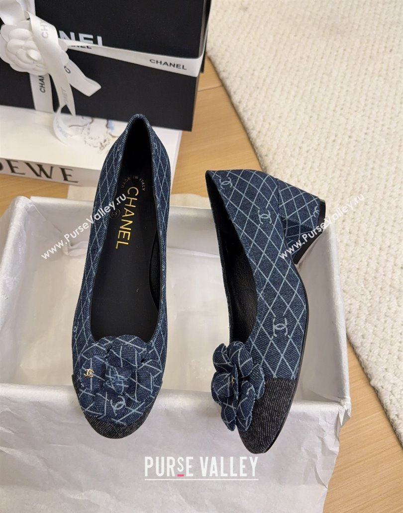 Chanel Quilted Denim Pumps with Camellia Bloom Charm Dark Blue 2025 CH101716 (MD-250415157)