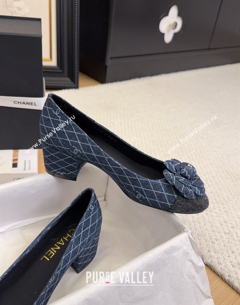 Chanel Quilted Denim Pumps with Camellia Bloom Charm Dark Blue 2025 CH101716 (MD-250415157)