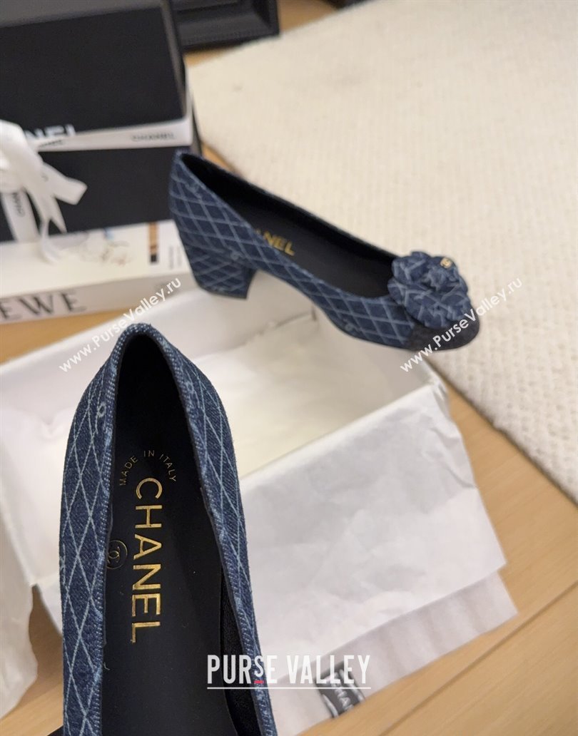 Chanel Quilted Denim Pumps with Camellia Bloom Charm Dark Blue 2025 CH101716 (MD-250415157)