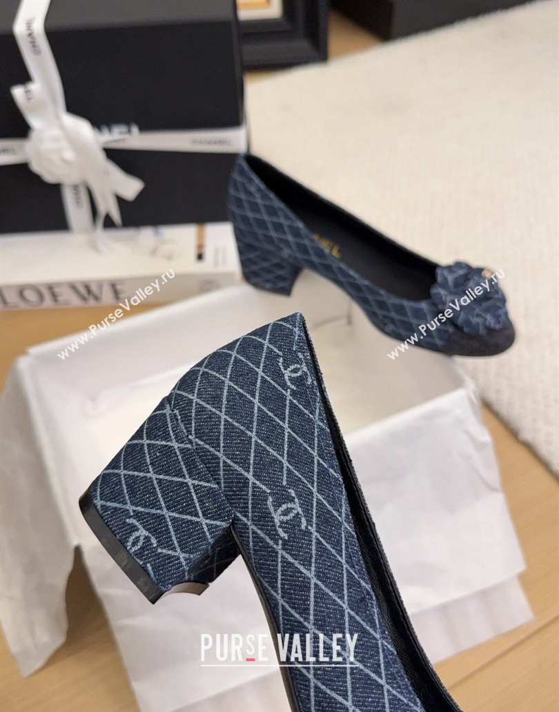 Chanel Quilted Denim Pumps with Camellia Bloom Charm Dark Blue 2025 CH101716 (MD-250415157)