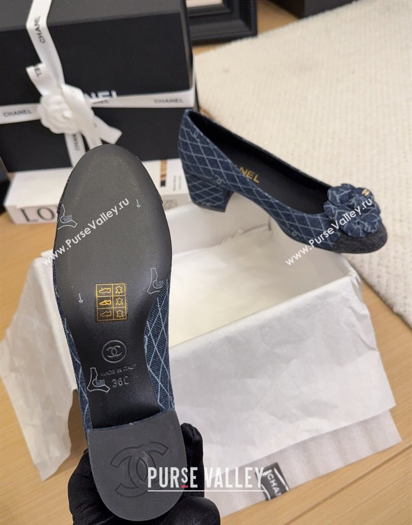 Chanel Quilted Denim Pumps with Camellia Bloom Charm Dark Blue 2025 CH101716 (MD-250415157)