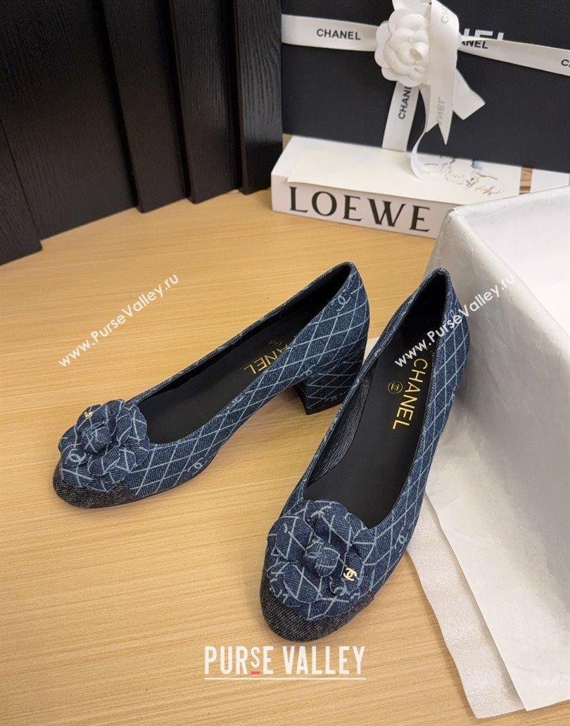 Chanel Quilted Denim Pumps with Camellia Bloom Charm Dark Blue 2025 CH101716 (MD-250415157)