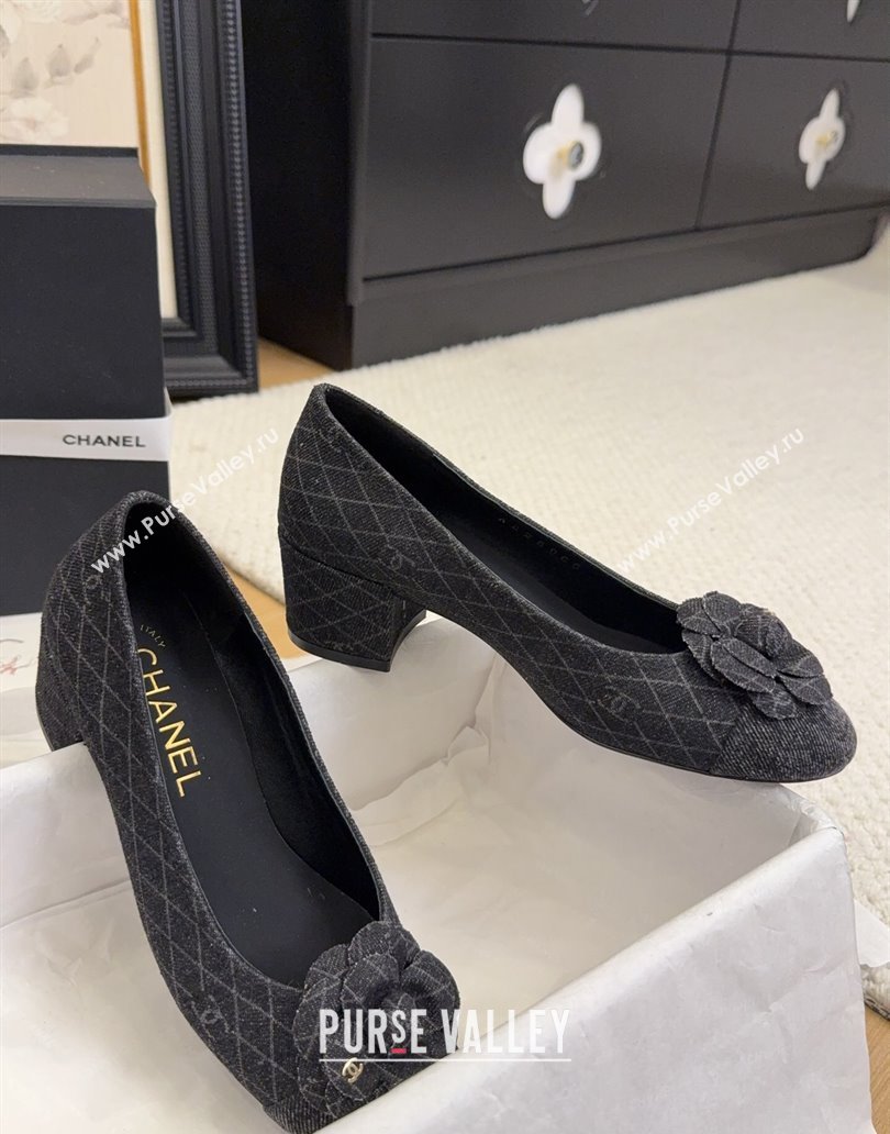 Chanel Quilted Denim Pumps with Camellia Bloom Charm Black 2025 CH101716 (MD-250415158)