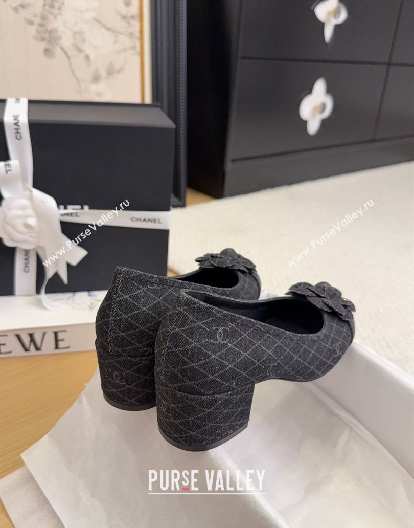 Chanel Quilted Denim Pumps with Camellia Bloom Charm Black 2025 CH101716 (MD-250415158)