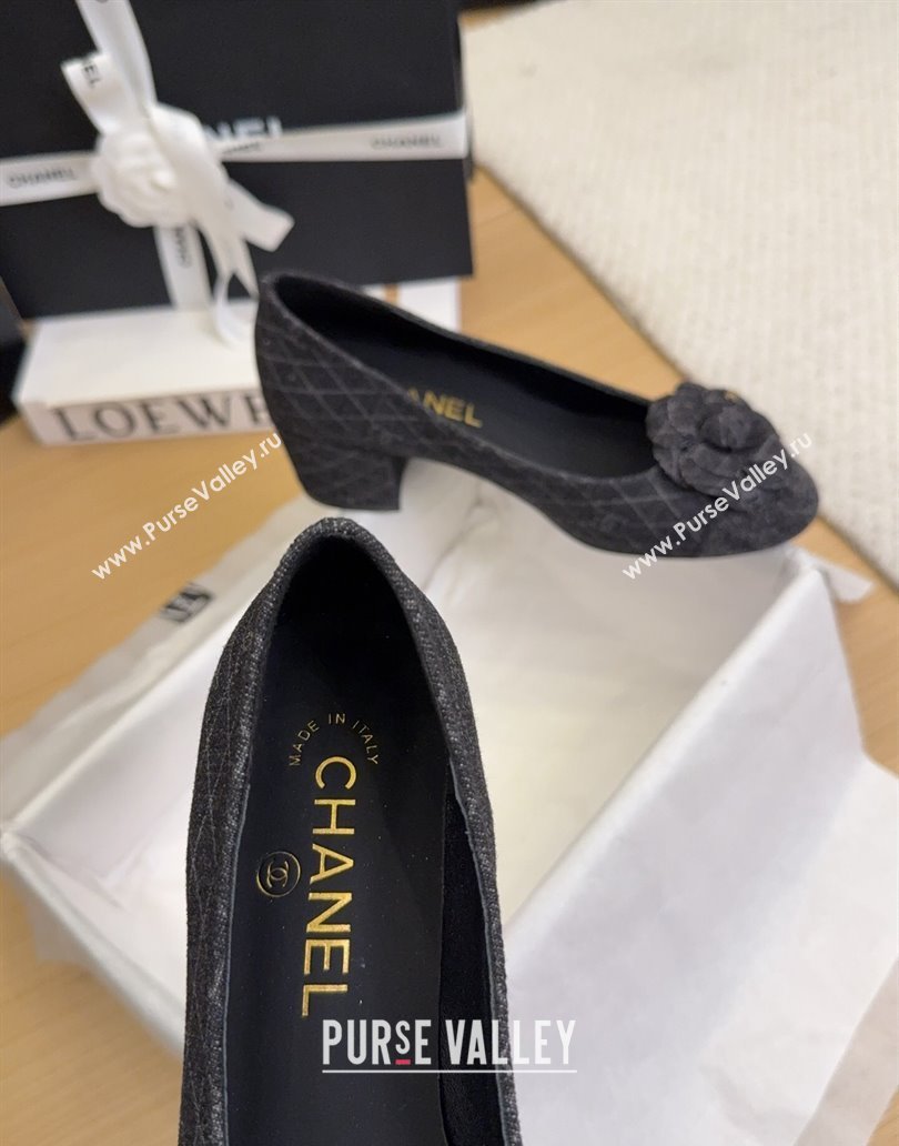 Chanel Quilted Denim Pumps with Camellia Bloom Charm Black 2025 CH101716 (MD-250415158)
