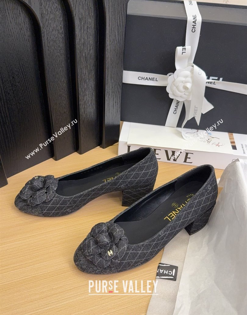Chanel Quilted Denim Pumps with Camellia Bloom Charm Black 2025 CH101716 (MD-250415158)