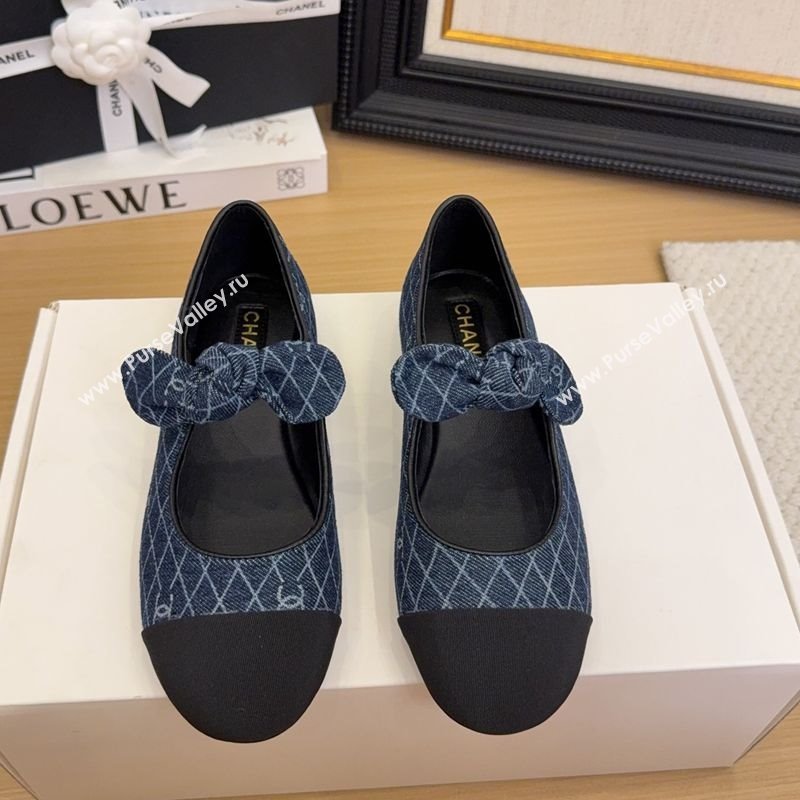 Chanel Quilted Denim Mary Janes Ballet Flats with Knot Bow Dark Blue 2025 G46149 (MD-250415002)