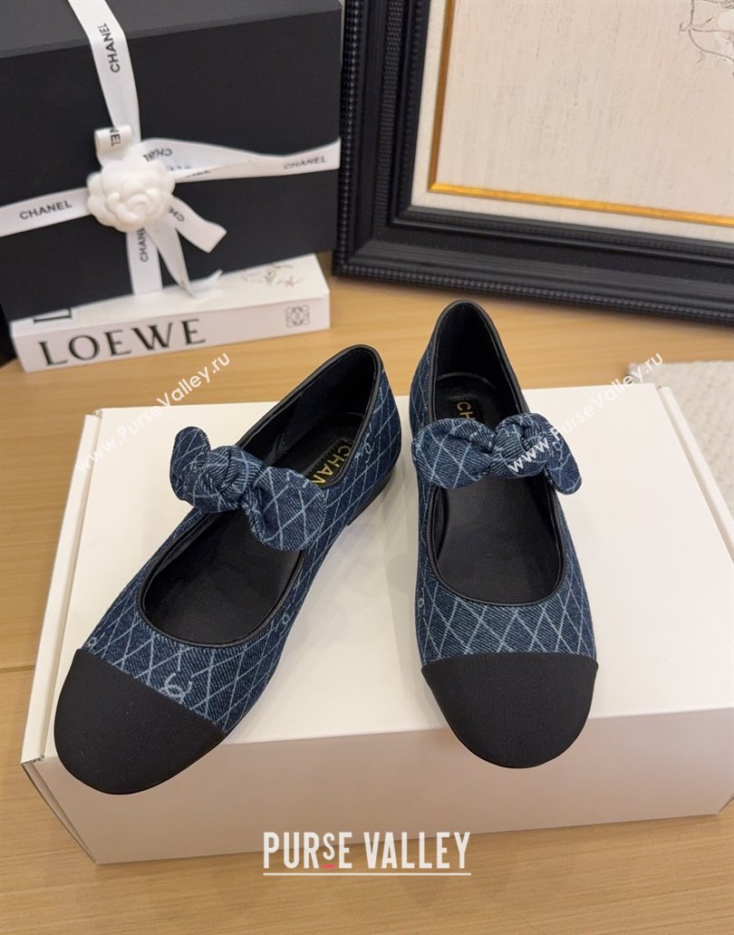 Chanel Quilted Denim Mary Janes Ballet Flats with Knot Bow Dark Blue 2025 G46149 (MD-250415002)