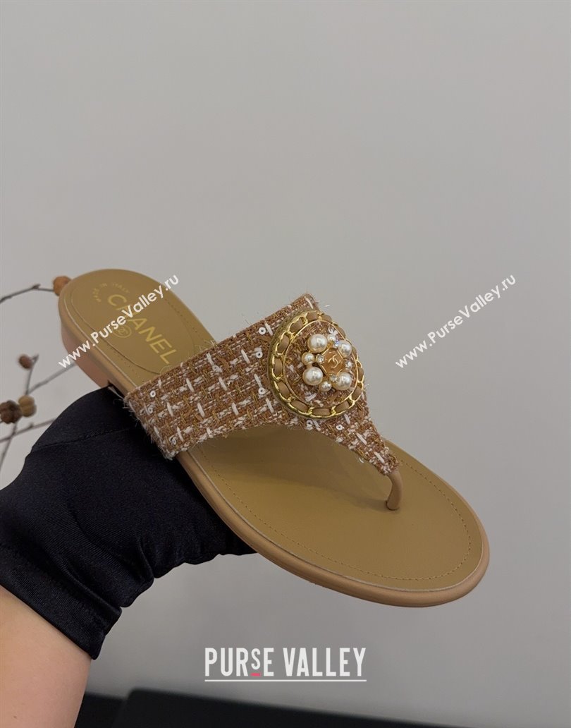Chanel Tweed Flat Slide Sandals with Circle Charm Apricot 2025 CH041603 (MD-250416025)
