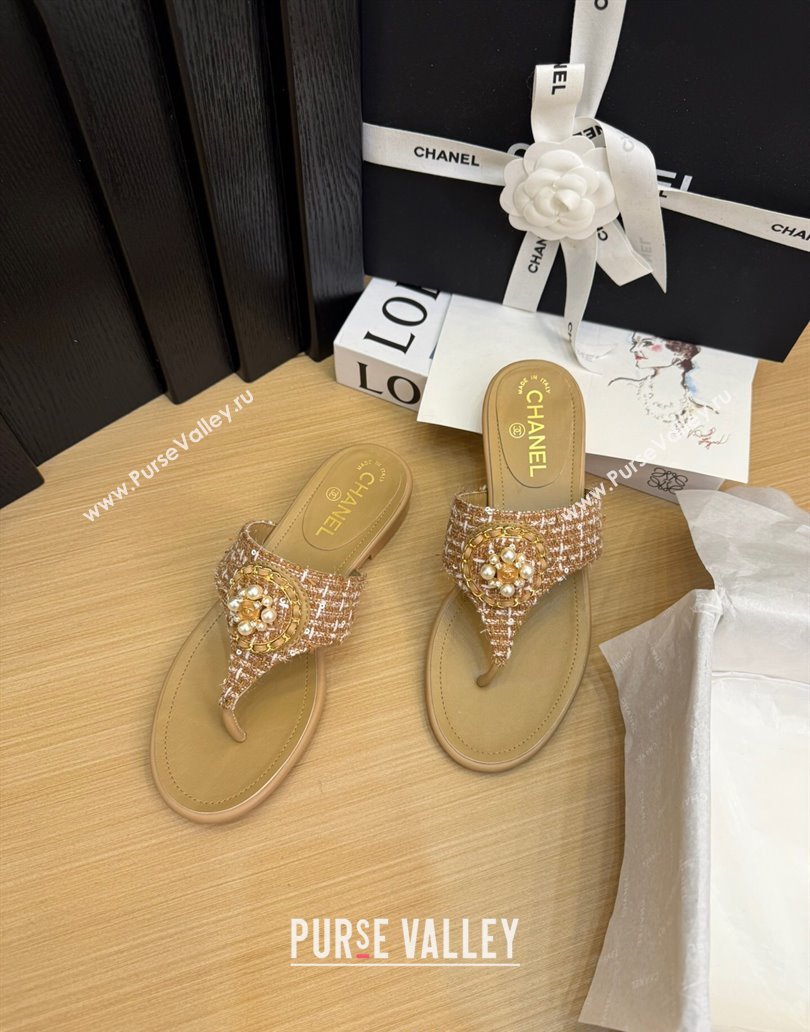 Chanel Tweed Flat Slide Sandals with Circle Charm Apricot 2025 CH041603 (MD-250416025)