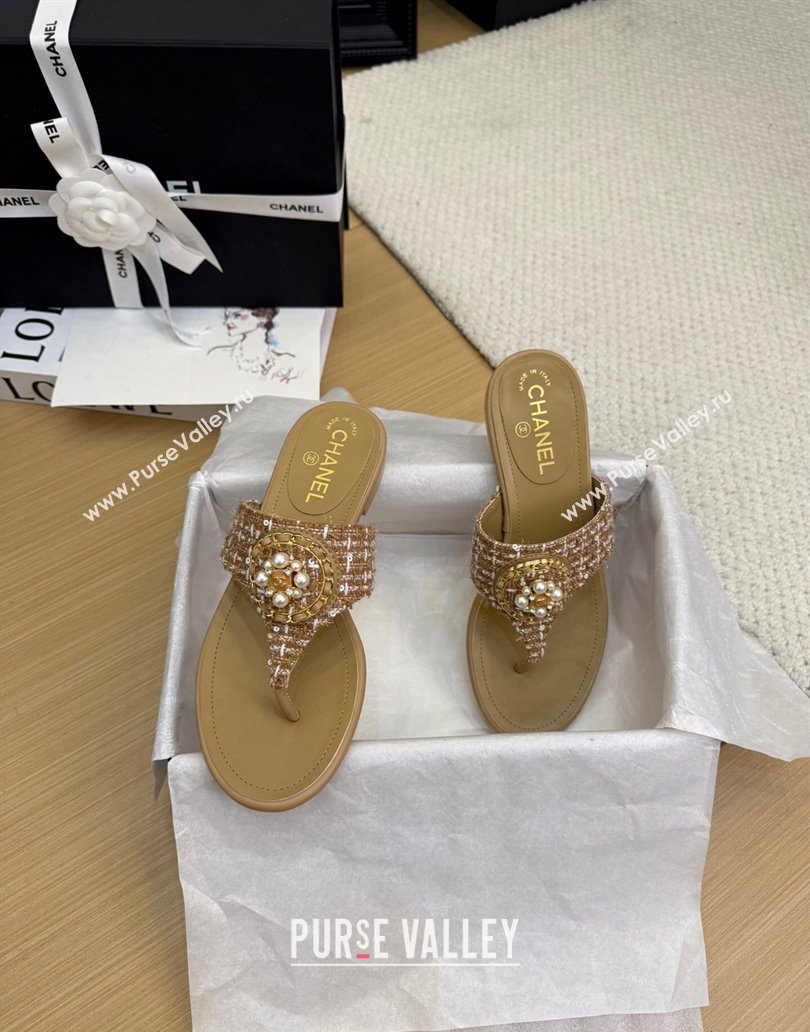 Chanel Tweed Flat Slide Sandals with Circle Charm Apricot 2025 CH041603 (MD-250416025)