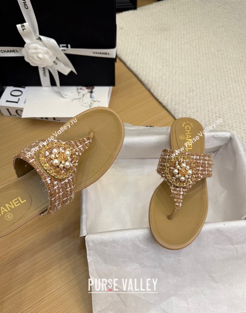 Chanel Tweed Flat Slide Sandals with Circle Charm Apricot 2025 CH041603 (MD-250416025)
