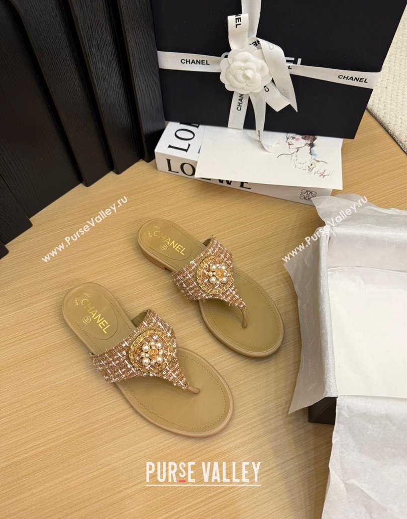 Chanel Tweed Flat Slide Sandals with Circle Charm Apricot 2025 CH041603 (MD-250416025)