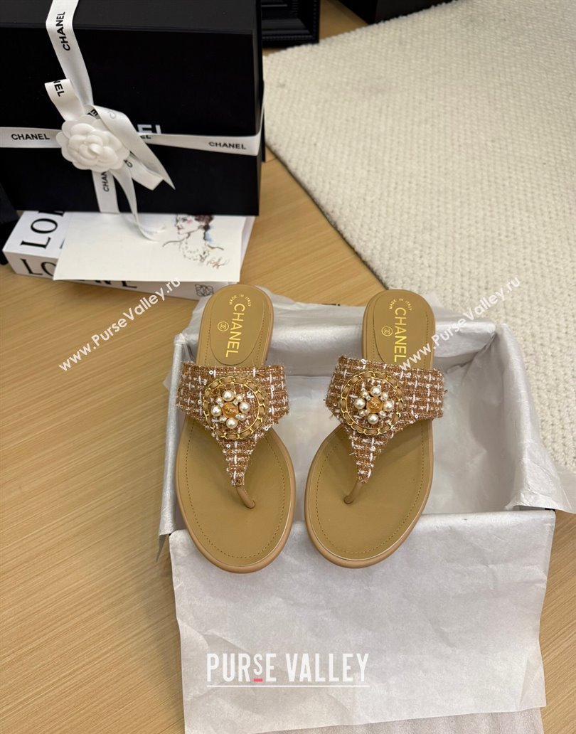 Chanel Tweed Flat Slide Sandals with Circle Charm Apricot 2025 CH041603 (MD-250416025)