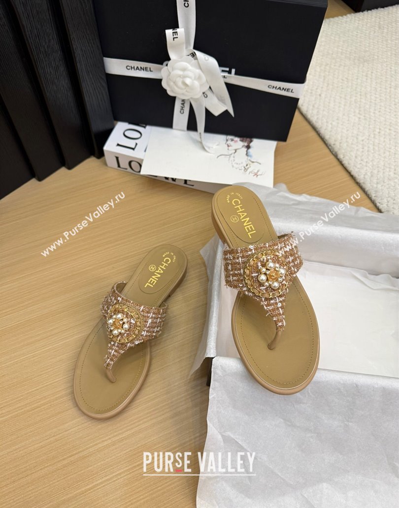 Chanel Tweed Flat Slide Sandals with Circle Charm Apricot 2025 CH041603 (MD-250416025)