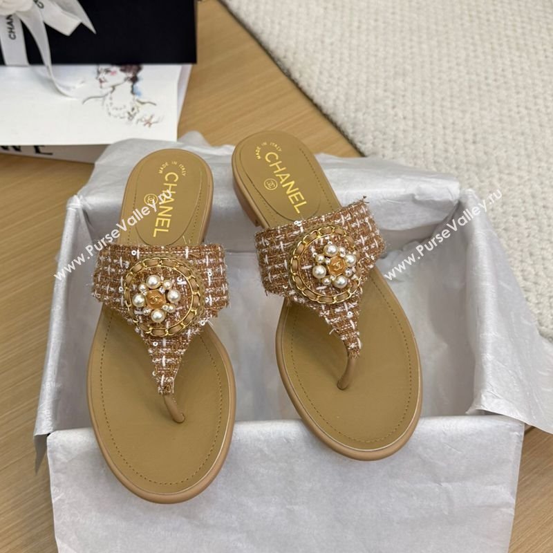 Chanel Tweed Flat Slide Sandals with Circle Charm Apricot 2025 CH041603 (MD-250416025)