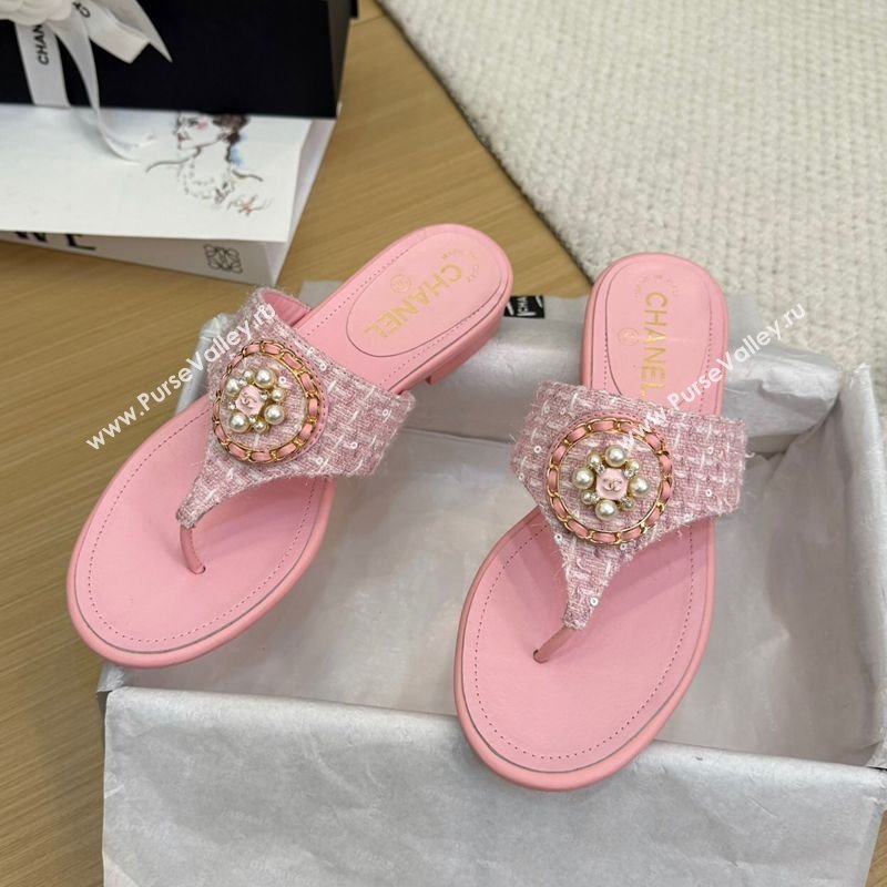 Chanel Tweed Flat Slide Sandals with Circle Charm Light Pink 2025 CH041603 (MD-250416026)