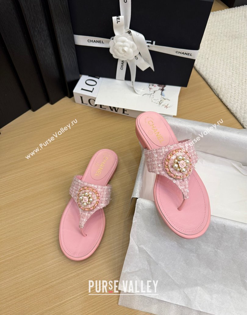 Chanel Tweed Flat Slide Sandals with Circle Charm Light Pink 2025 CH041603 (MD-250416026)
