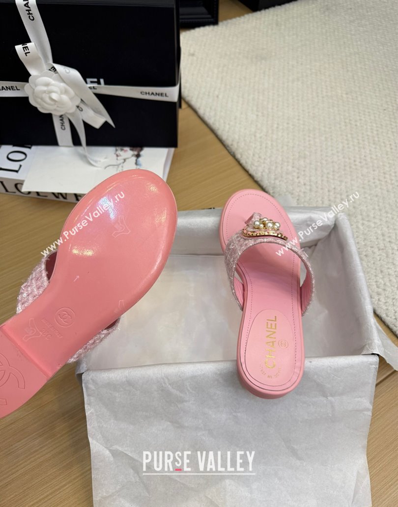 Chanel Tweed Flat Slide Sandals with Circle Charm Light Pink 2025 CH041603 (MD-250416026)