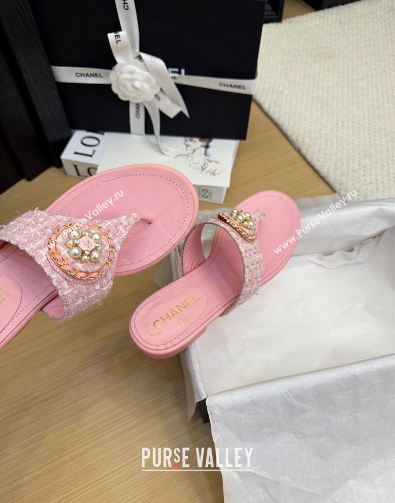Chanel Tweed Flat Slide Sandals with Circle Charm Light Pink 2025 CH041603 (MD-250416026)