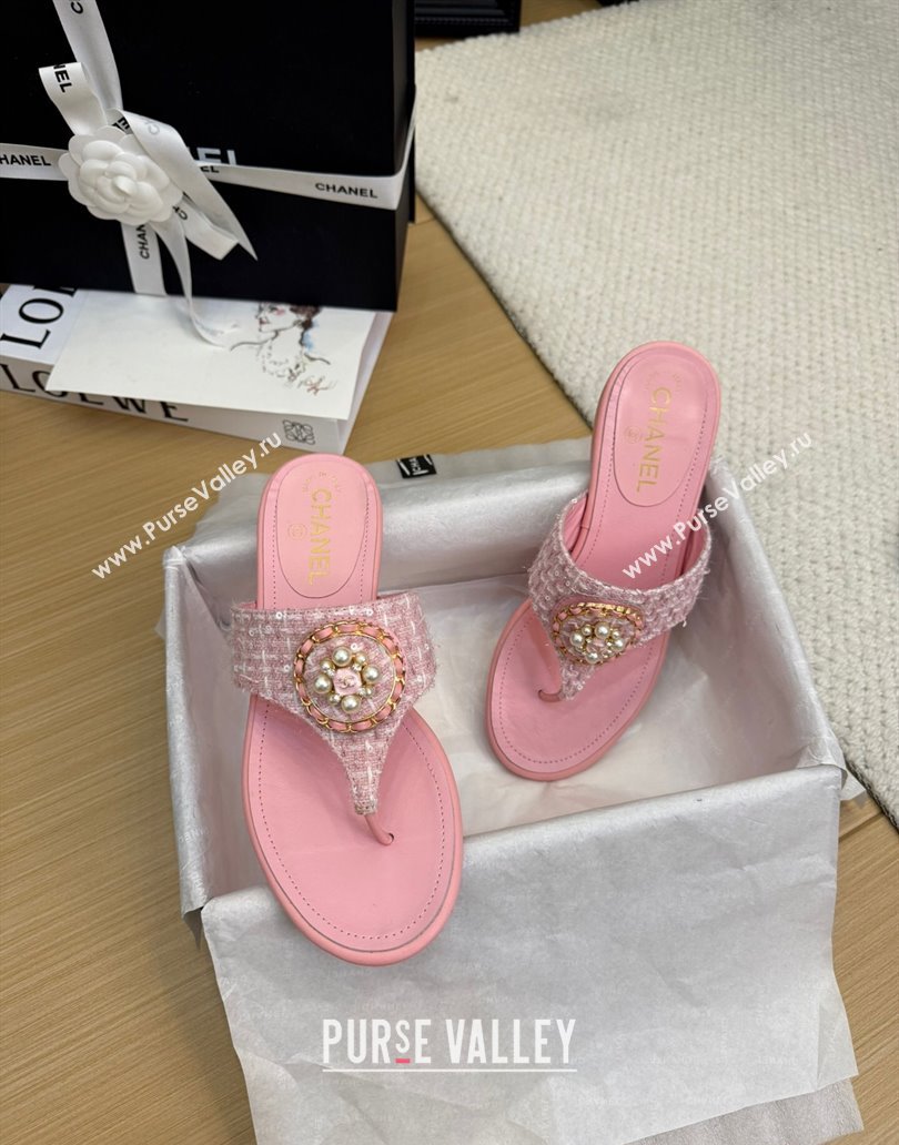 Chanel Tweed Flat Slide Sandals with Circle Charm Light Pink 2025 CH041603 (MD-250416026)