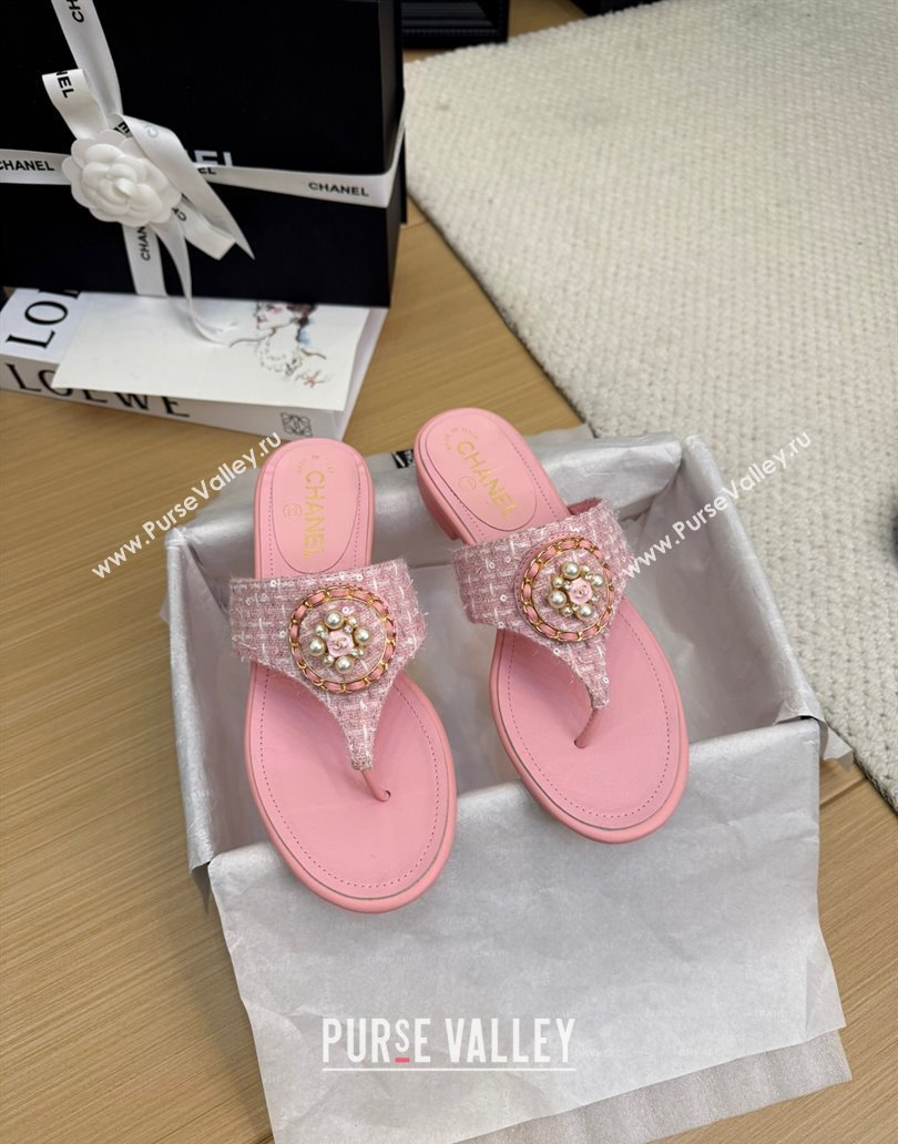Chanel Tweed Flat Slide Sandals with Circle Charm Light Pink 2025 CH041603 (MD-250416026)