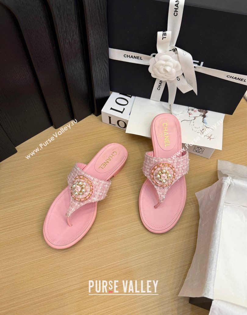 Chanel Tweed Flat Slide Sandals with Circle Charm Light Pink 2025 CH041603 (MD-250416026)
