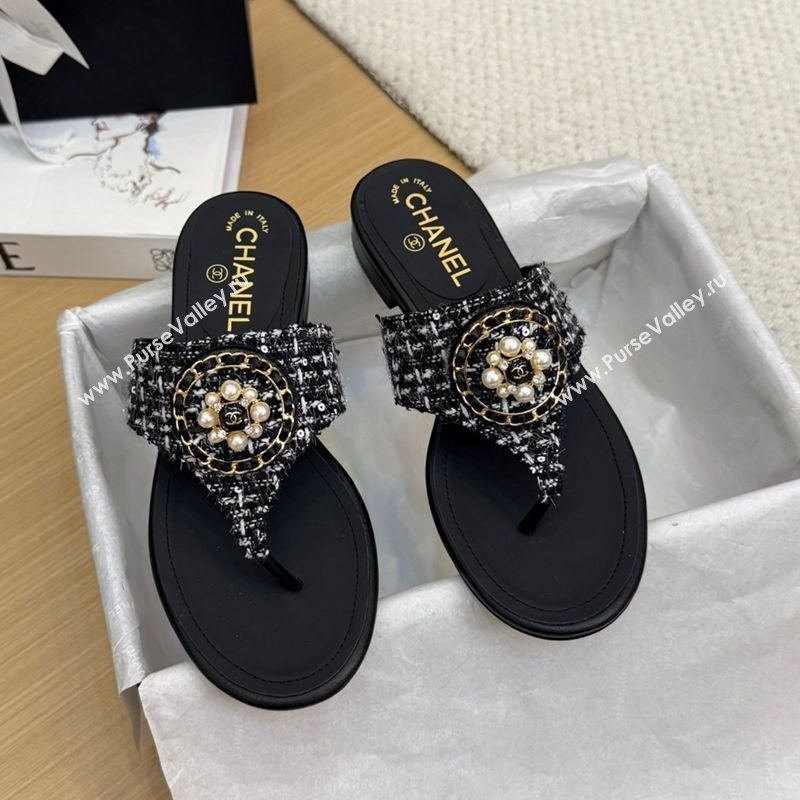 Chanel Tweed Flat Slide Sandals with Circle Charm Black 2025 CH041603 (MD-250416027)