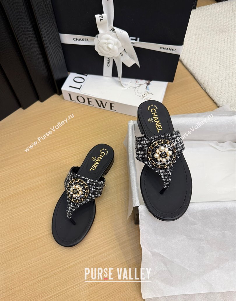 Chanel Tweed Flat Slide Sandals with Circle Charm Black 2025 CH041603 (MD-250416027)