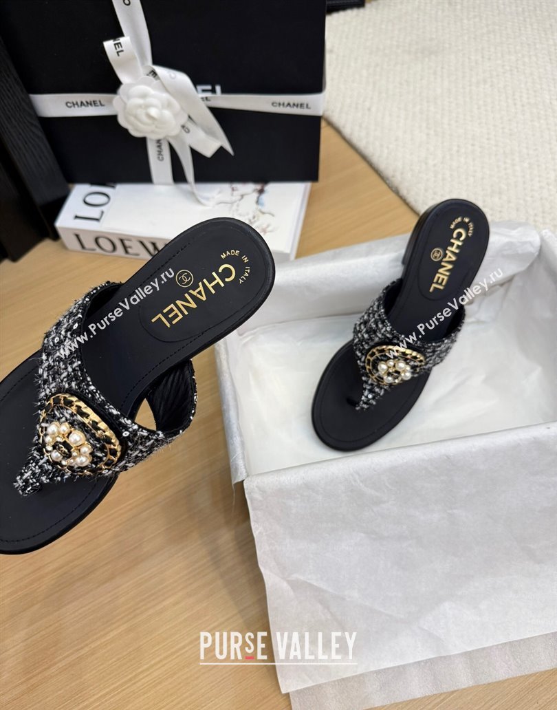 Chanel Tweed Flat Slide Sandals with Circle Charm Black 2025 CH041603 (MD-250416027)