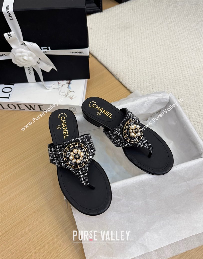 Chanel Tweed Flat Slide Sandals with Circle Charm Black 2025 CH041603 (MD-250416027)