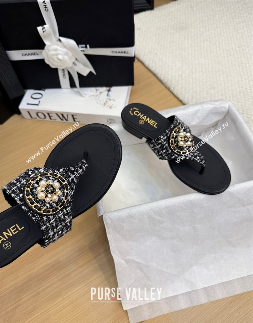 Chanel Tweed Flat Slide Sandals with Circle Charm Black 2025 CH041603 (MD-250416027)