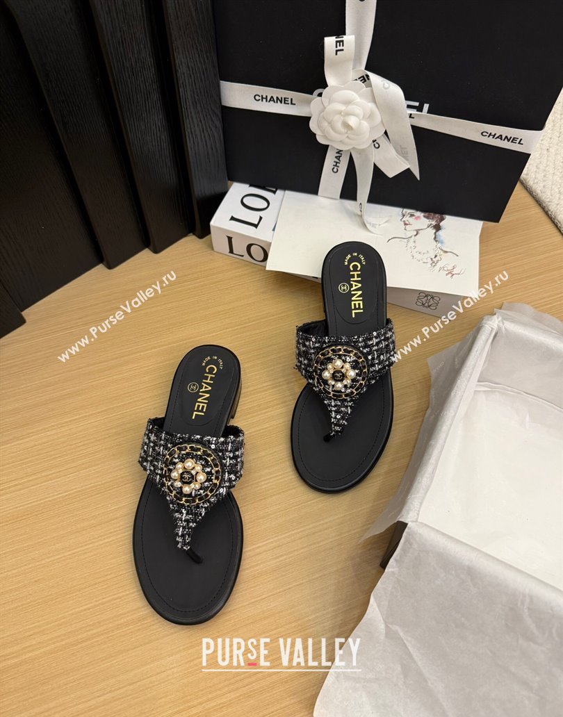 Chanel Tweed Flat Slide Sandals with Circle Charm Black 2025 CH041603 (MD-250416027)