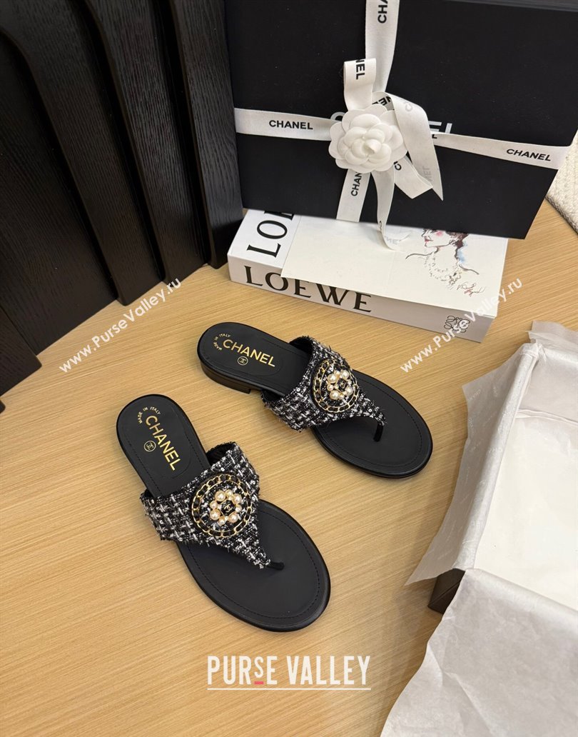 Chanel Tweed Flat Slide Sandals with Circle Charm Black 2025 CH041603 (MD-250416027)