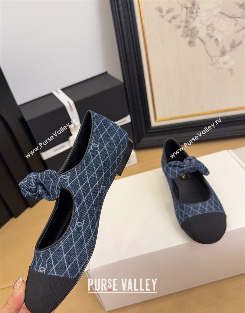 Chanel Quilted Denim Mary Janes Ballet Flats with Knot Bow Dark Blue 2025 G46149 (MD-250415002)