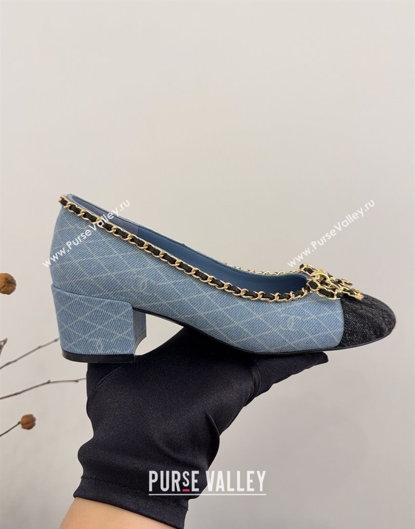 Chanel Quilted Denim Pumps with Chain Bow Light Blue 2025 CH041605 (MD-250416035)