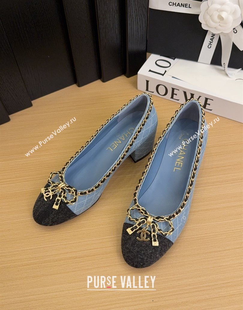 Chanel Quilted Denim Pumps with Chain Bow Light Blue 2025 CH041605 (MD-250416035)