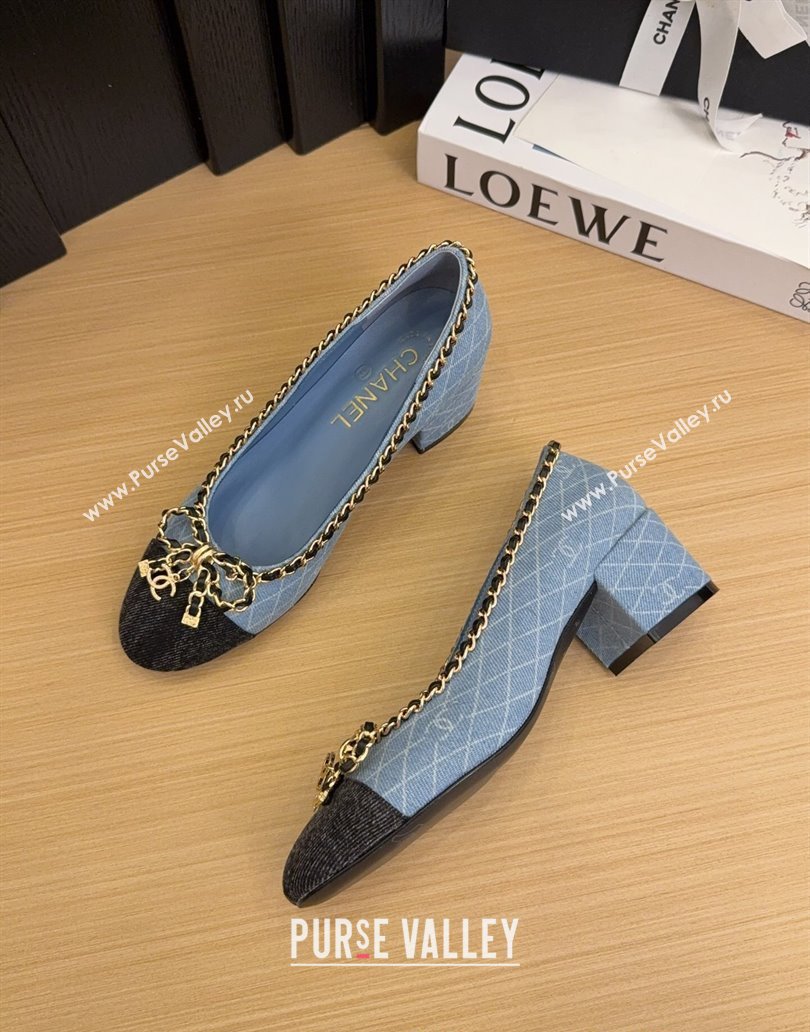 Chanel Quilted Denim Pumps with Chain Bow Light Blue 2025 CH041605 (MD-250416035)