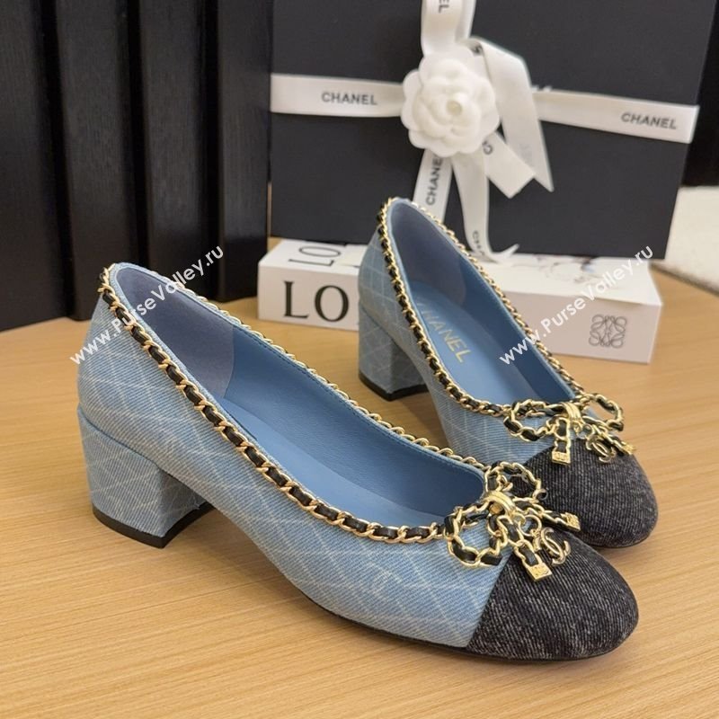 Chanel Quilted Denim Pumps with Chain Bow Light Blue 2025 CH041605 (MD-250416035)