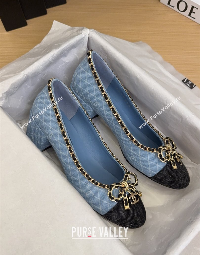Chanel Quilted Denim Pumps with Chain Bow Light Blue 2025 CH041605 (MD-250416035)