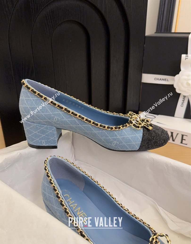 Chanel Quilted Denim Pumps with Chain Bow Light Blue 2025 CH041605 (MD-250416035)