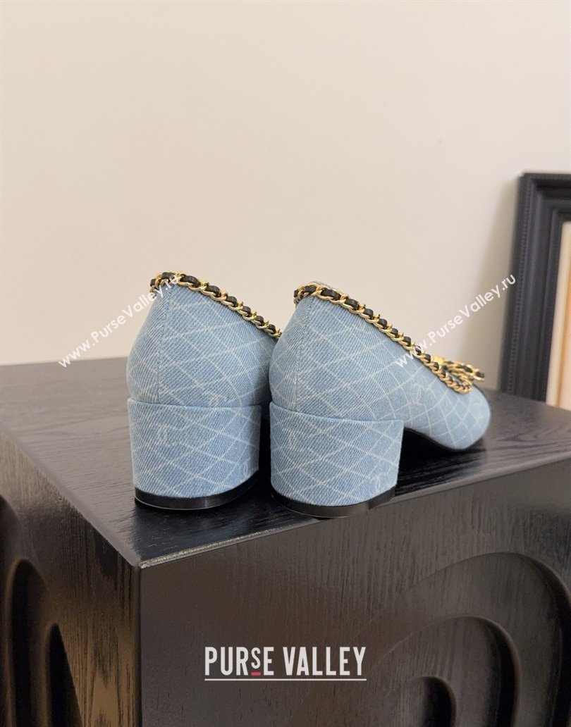 Chanel Quilted Denim Pumps with Chain Bow Light Blue 2025 CH041605 (MD-250416035)