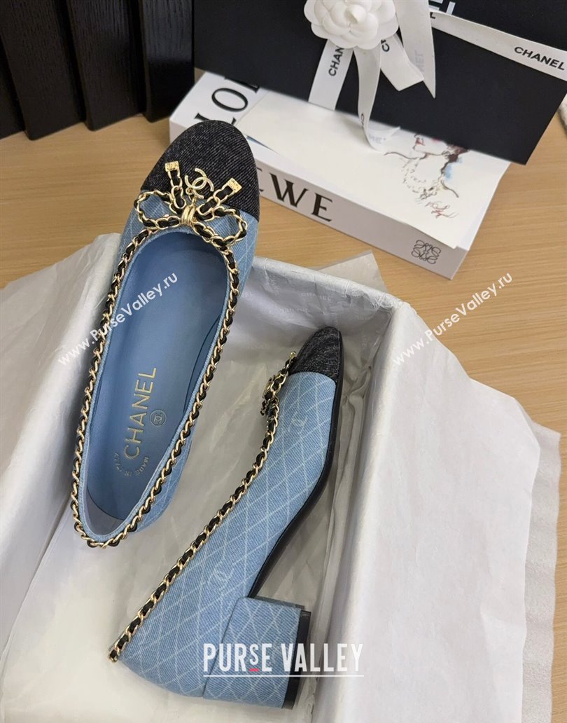 Chanel Quilted Denim Pumps with Chain Bow Light Blue 2025 CH041605 (MD-250416035)