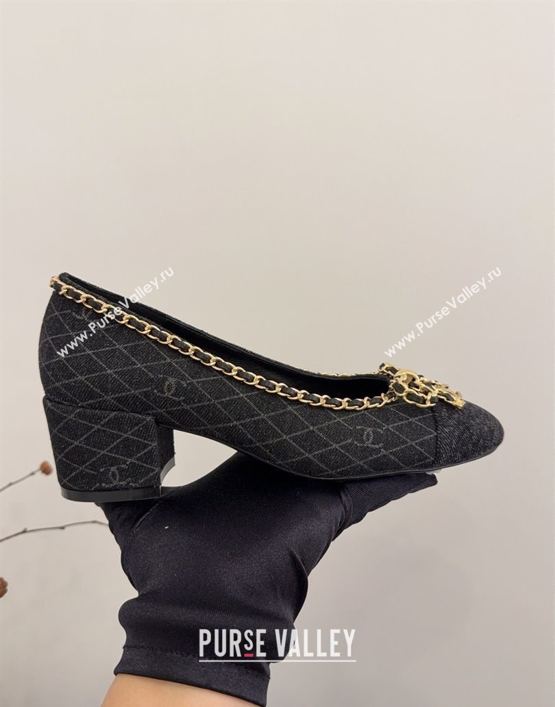 Chanel Quilted Denim Pumps with Chain Bow Black 2025 CH041605 (MD-250416036)