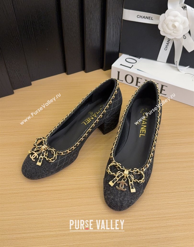 Chanel Quilted Denim Pumps with Chain Bow Black 2025 CH041605 (MD-250416036)