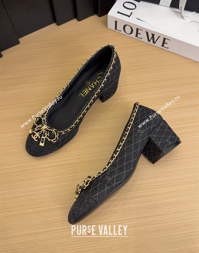 Chanel Quilted Denim Pumps with Chain Bow Black 2025 CH041605 (MD-250416036)