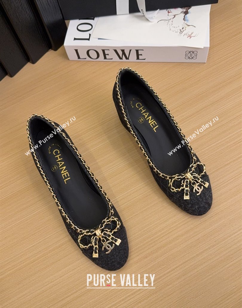 Chanel Quilted Denim Pumps with Chain Bow Black 2025 CH041605 (MD-250416036)