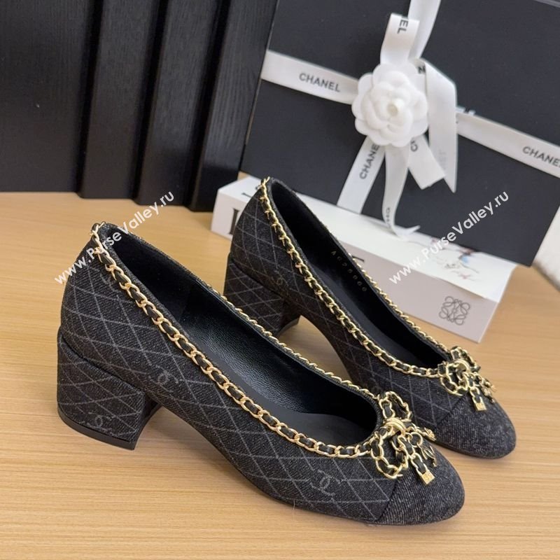 Chanel Quilted Denim Pumps with Chain Bow Black 2025 CH041605 (MD-250416036)