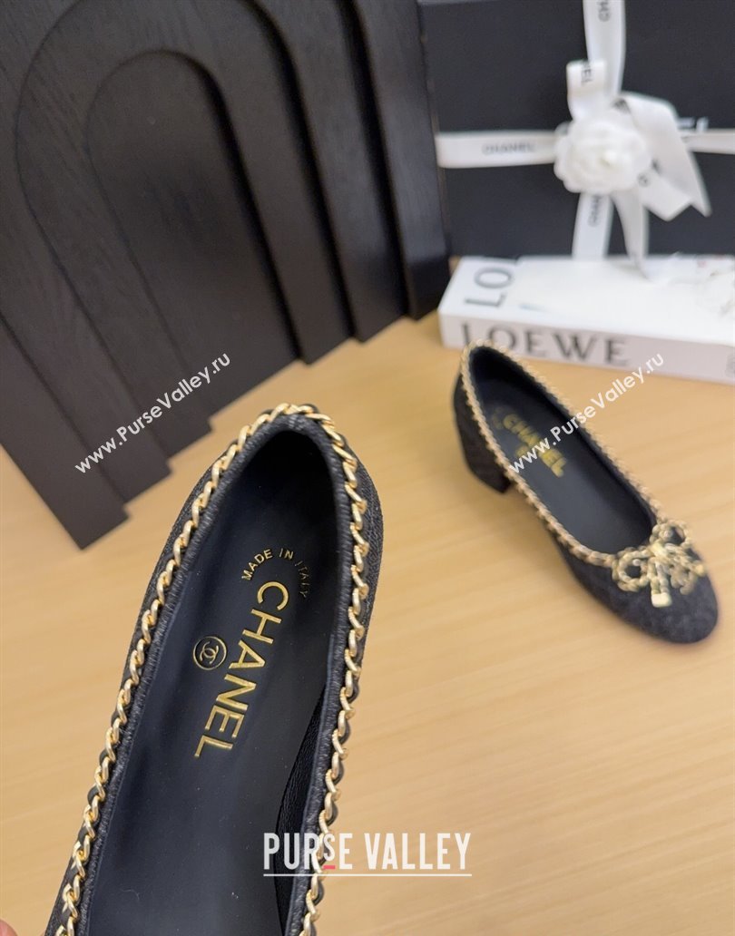 Chanel Quilted Denim Pumps with Chain Bow Black 2025 CH041605 (MD-250416036)