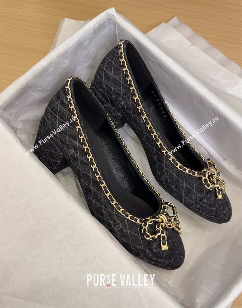 Chanel Quilted Denim Pumps with Chain Bow Black 2025 CH041605 (MD-250416036)
